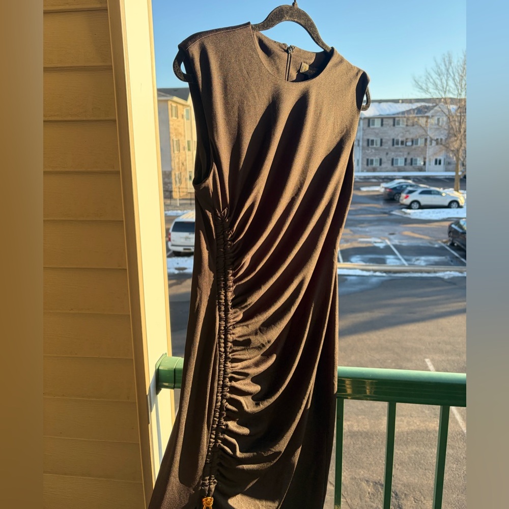 🆕✨ Donna Karan New York Ruched Midi Dress Size 8 Brown Sleeveless Asymmetrical - Picture 5 of 15